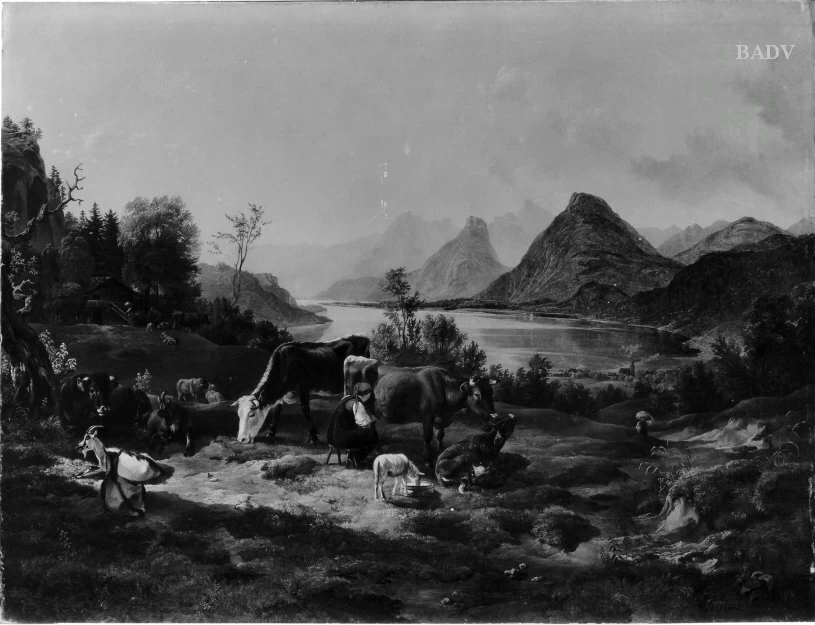 Vista sul lago Wolfgangsee vicino a St. Gilgen con bestiame - Führermuseum, Linz
